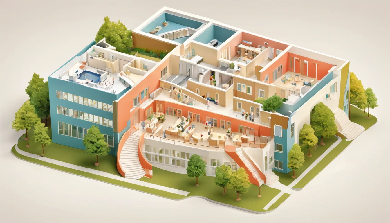 Hospital escuela ilustrado: aulas, archivo, oficina docente, laboratorio de radiología, recepción y videollamadas