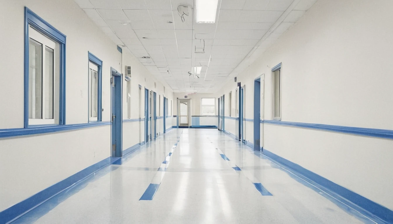 Pasillo del área de imagen de un hospital real, paredes blancas y detalles azules